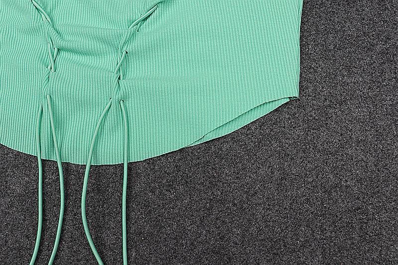 Lace up ribbed square neck backless ribbon solid cami top