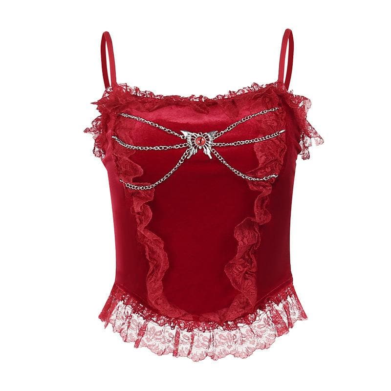 Velvet lace hem metal chain ruffle cami top