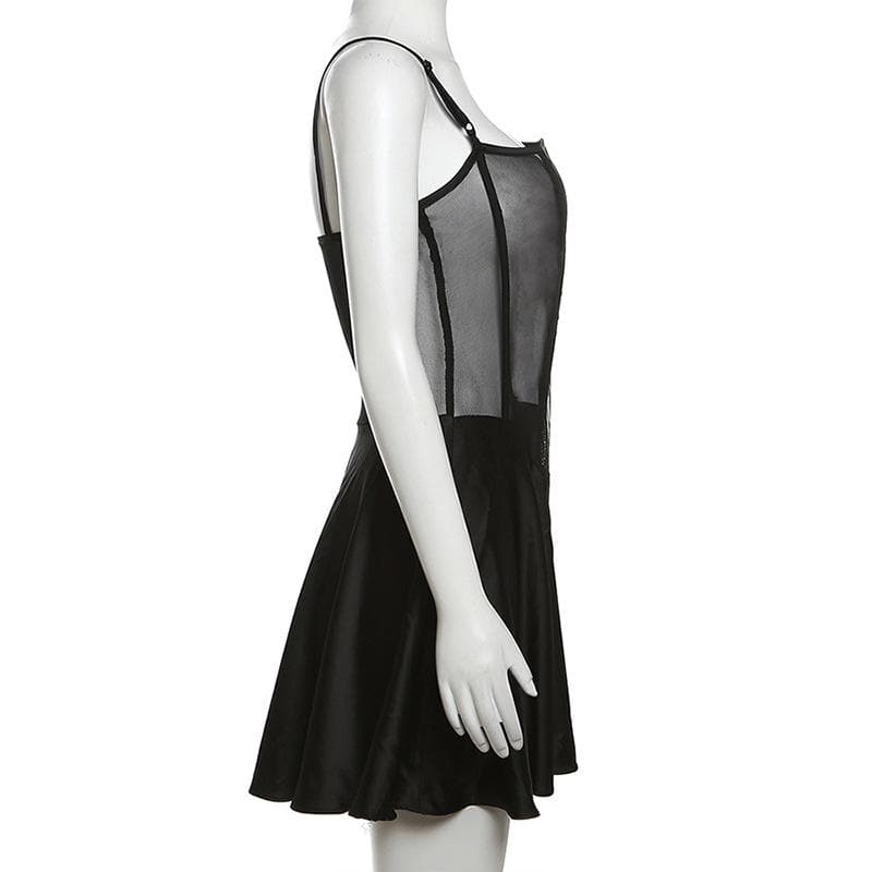 Mesh solid see through ruffle backless cami mini dress