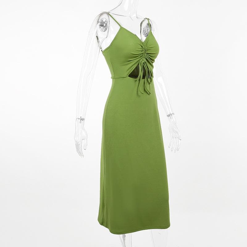 Solid hollow out drawstring v neck backless cami midi dress