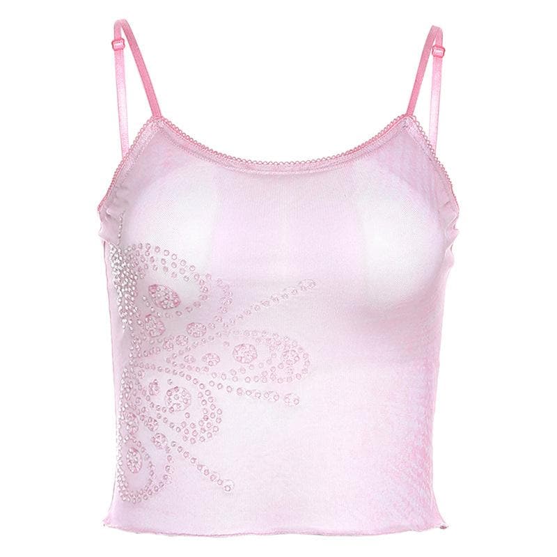 Sheer mesh see through beaded u neck cami crop top - Final Sale