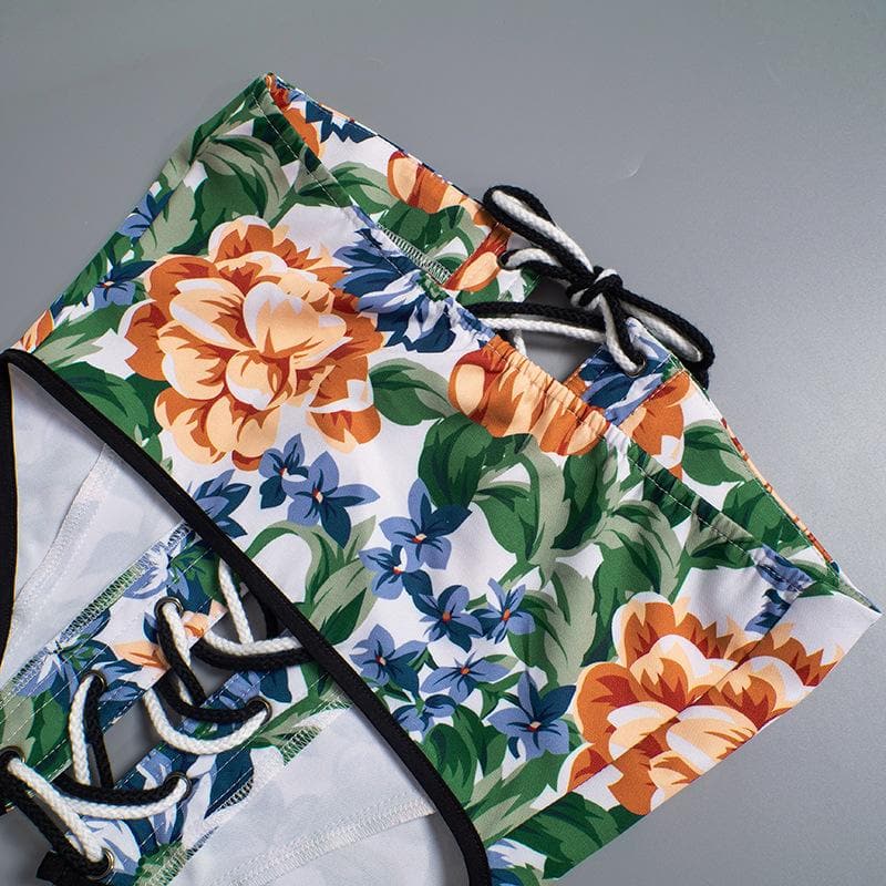 Lace up bustier flower print contrast backless tube top