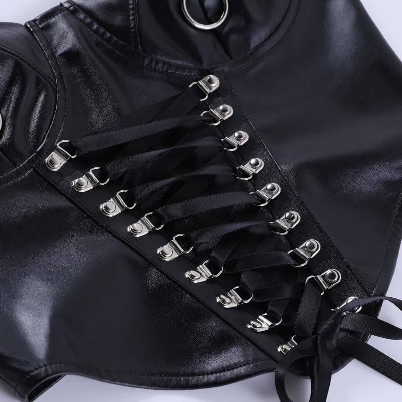 Lace up sweetheart neck PU leather zip-up cami crop top