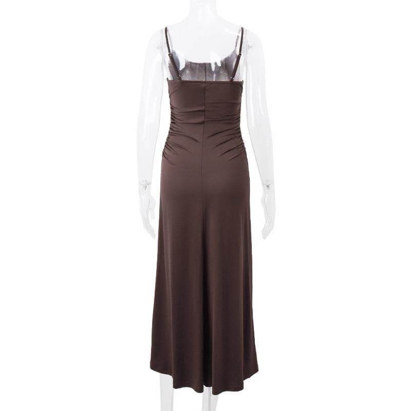 Solid ruched u neck backless cami maxi dress