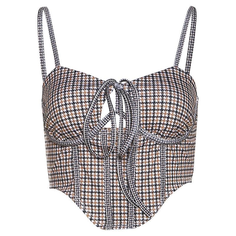 Contrast houndstooth print self tie backless cami crop top
