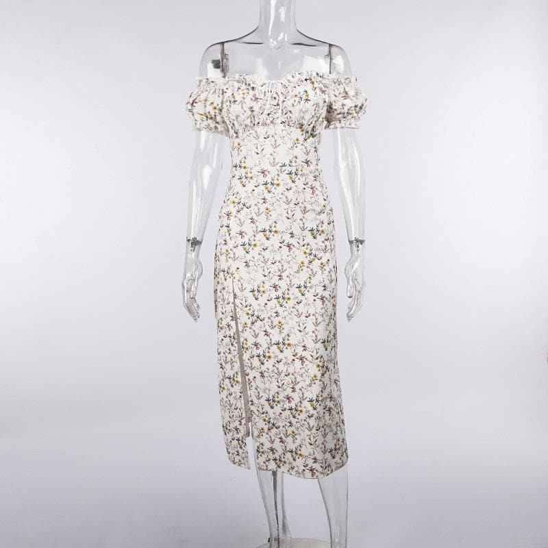 Short sleeve off shoulder puff sleeve slit flower pattern ruched midi dress