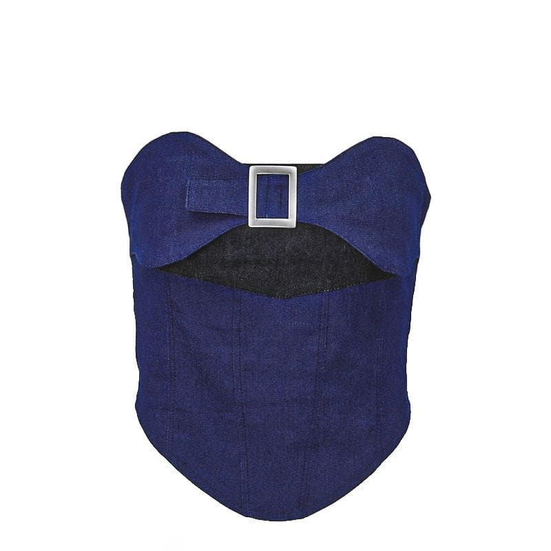 Contrast patchwork backless buckle denim tube top