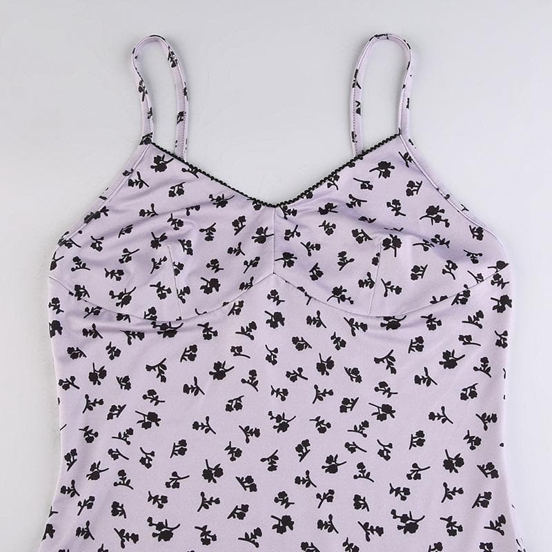 Flowers print low cut ruffle backless cami dress - Final Sale
