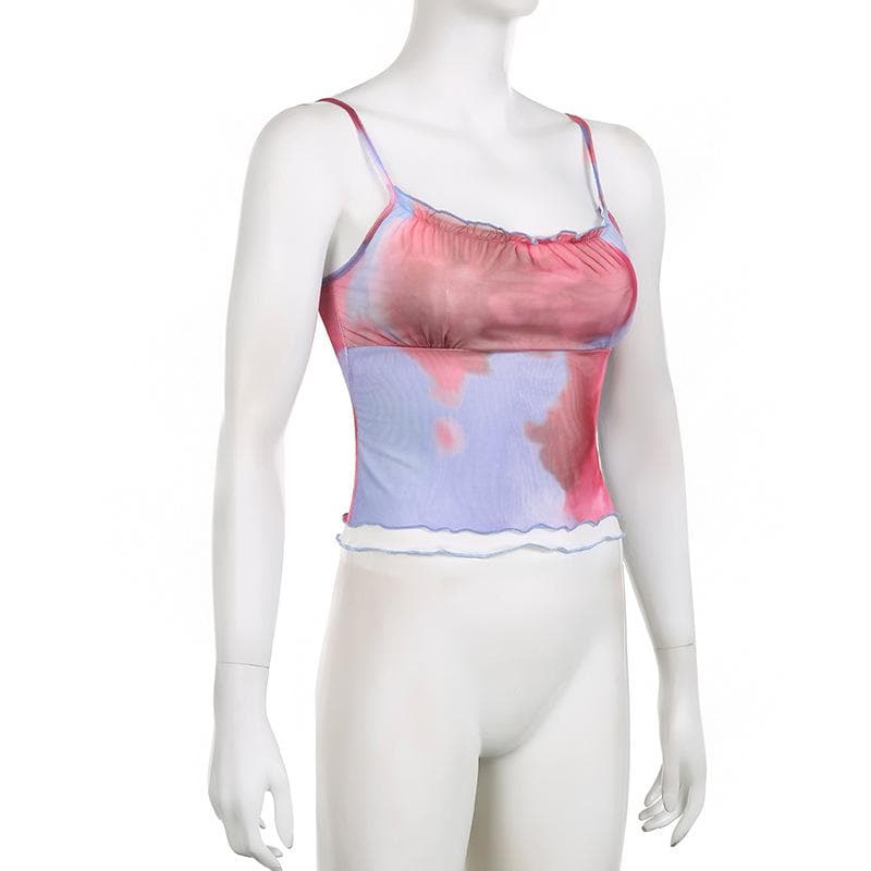 Tie dye contrast mesh ruffle backless cami top