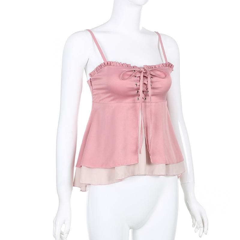 Chiffon patchwork square neck ruffle lace up cami top - Final Sale