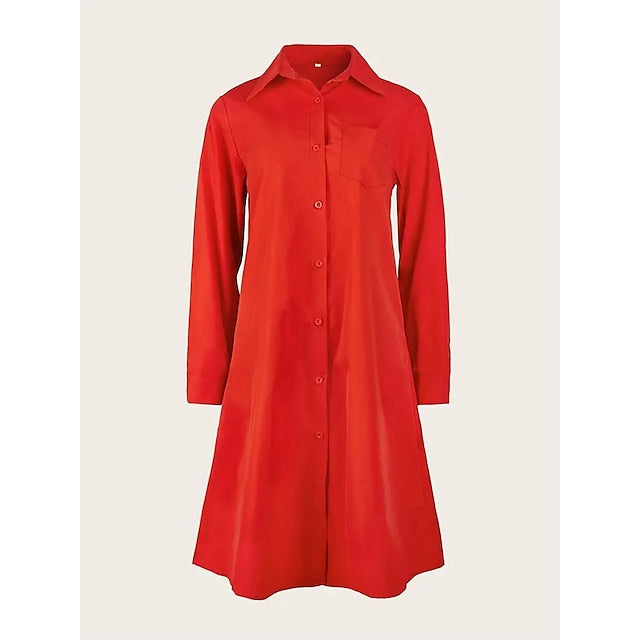 CityHottie - Women's Shirt Dress Casual Dress Shift Dress Midi Dress Outdoor Winter Dress Daily Polyester Elegant Casual Shirt Collar Pocket Rolled Cuff Long Sleeve Summer Winter Fall Spring 2024 Loose Fit Red
