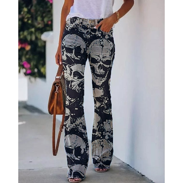 CityHottie - Women's Flared Pants Bell Bottom Pants Trousers Faux Denim Blue Red & White Purple Fashion Halloween Weekend Side Pockets Print Micro-elastic Full Length Comfort Skull S M L XL XXL