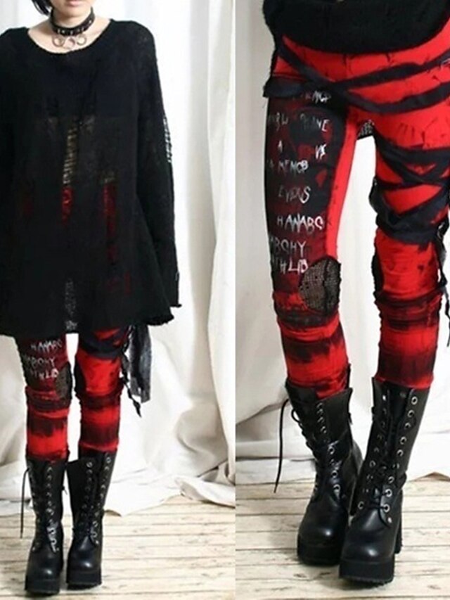 CityHottie - Women's cool ultra gathered pants Halloween gothic rocker distressed punk tie leggings gray black red s m l xl xxl
