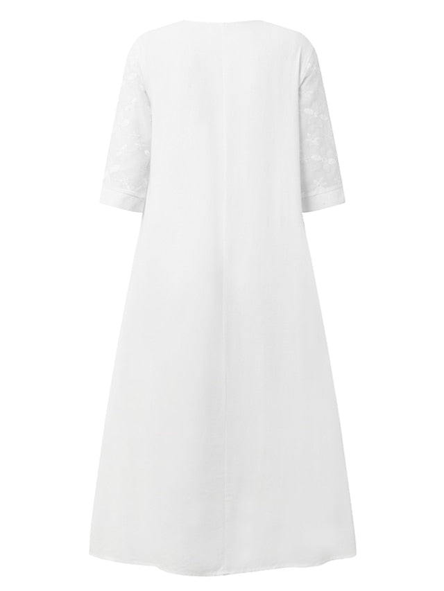 CityHottie - Women's Cotton Linen Dress Casual Dress Midi Dress Cotton Casual Mature Outdoor Daily Vacation V Neck Ruched Pocket Half Sleeve Summer Spring Fall 2024 Loose Fit White Blue Green Plain S M L XL 2XL