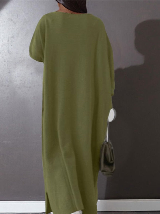 CityHottie - Women's Plus Size Casual Dress Solid Color V Neck Long Sleeve Winter Fall Basic Casual Maxi long Dress Daily Vacation Dress