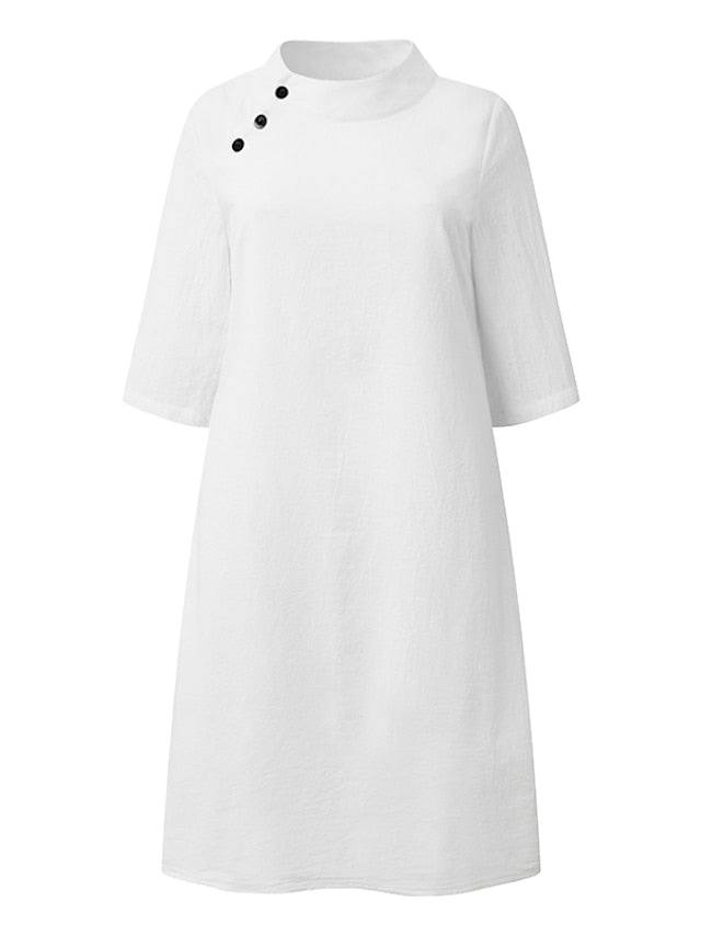 CityHottie - Women's Cotton Linen Dress Casual Dress Shift Dress Midi Dress Cotton Blend Fashion Basic Outdoor Daily Vacation Stand Collar Button Half Sleeve Summer Spring 2024 Black White Blue Plain S M L
