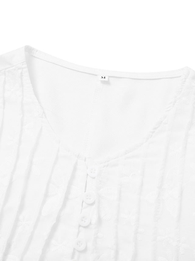 CityHottie - Women's Cotton Linen Dress Casual Dress Midi Dress Cotton Casual Mature Outdoor Daily Vacation V Neck Ruched Pocket Half Sleeve Summer Spring Fall 2024 Loose Fit White Blue Green Plain S M L XL 2XL