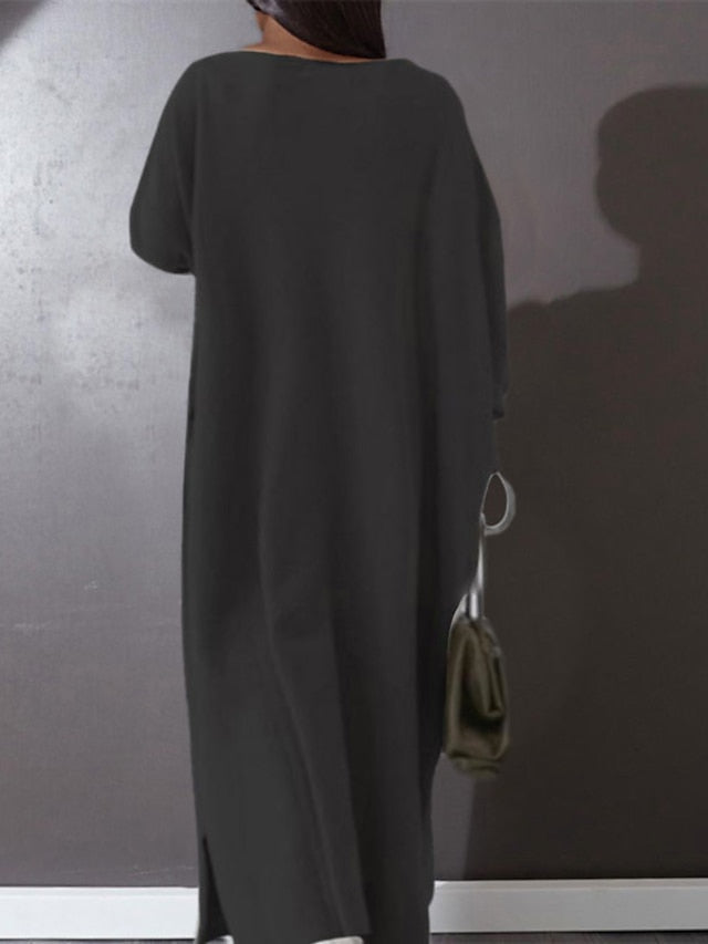 CityHottie - Women's Plus Size Casual Dress Solid Color V Neck Long Sleeve Winter Fall Basic Casual Maxi long Dress Daily Vacation Dress