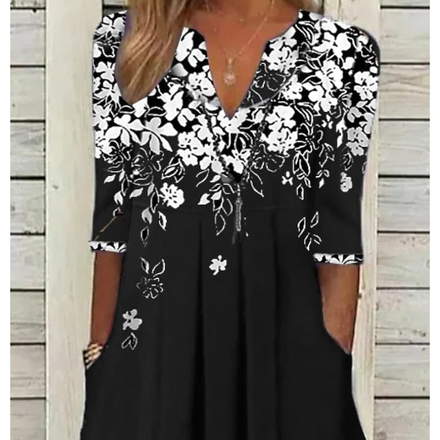 CityHottie - Women's Casual Dress T Shirt Dress Tee Dress Shift Dress Midi Dress Black Wine Blue Half Sleeve Floral Patchwork Summer Spring Crew Neck Fashion 2024 S M L XL 2XL 3XL