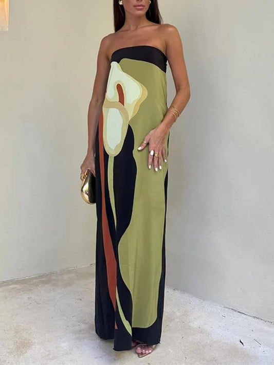 Contrast Sleeveless Off Charming Shoulder Printed Maxi Dress