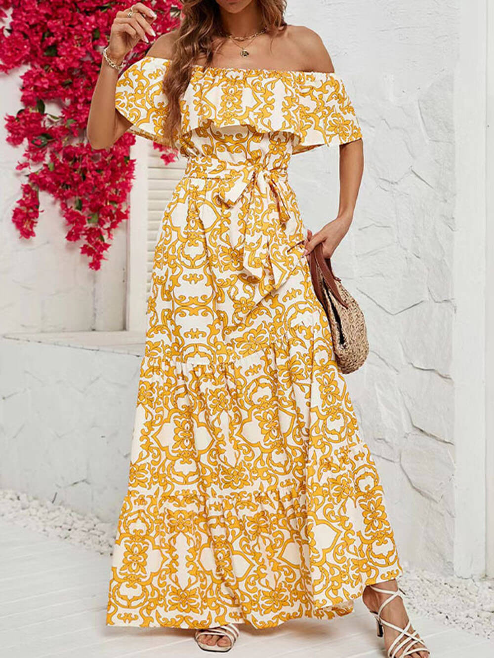 One-Shoulder Short-Sleeve Printed Charming Ruffle Maxi Dress