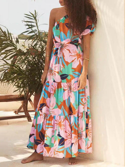 Palm Leaf Print Off-Shoulder Graceful Holiday Style Floral Dress