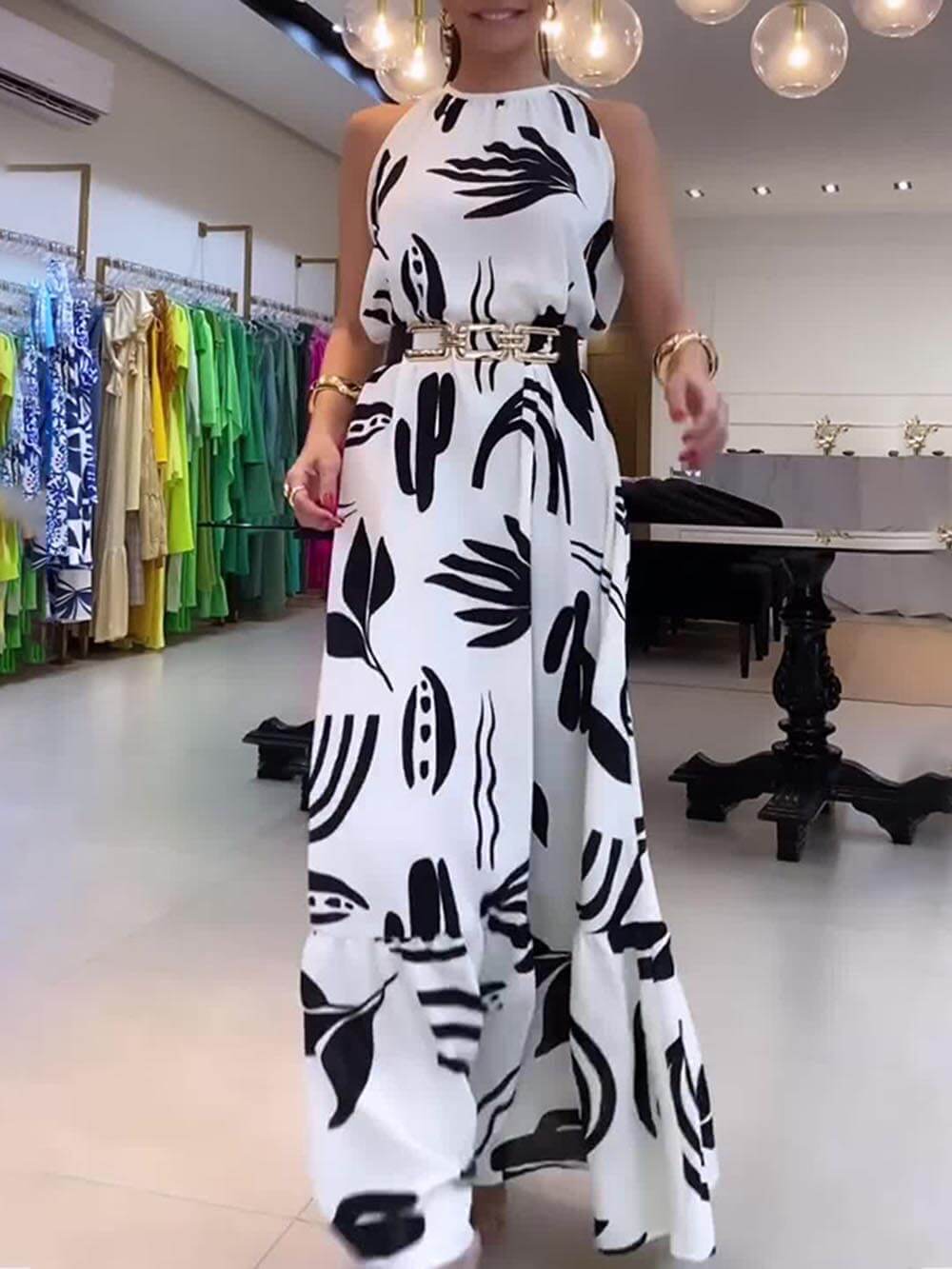 Unique Print Tie-up Neckline Graceful Loose Cocktails Maxi Dress