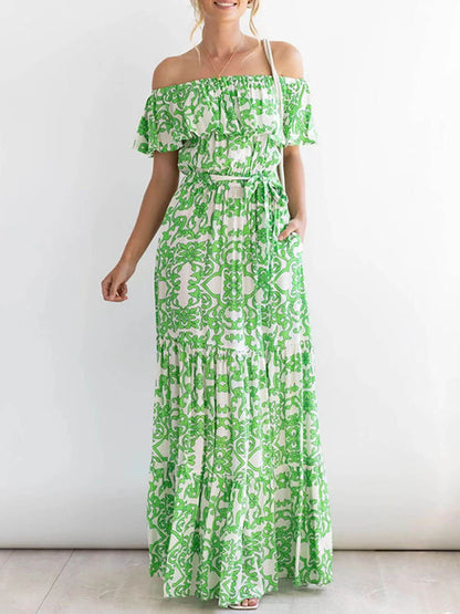 One-Shoulder Short-Sleeve Printed Charming Ruffle Maxi Dress