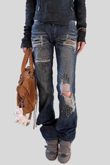 Studded Ripped Flared Vintage Wash Jeans