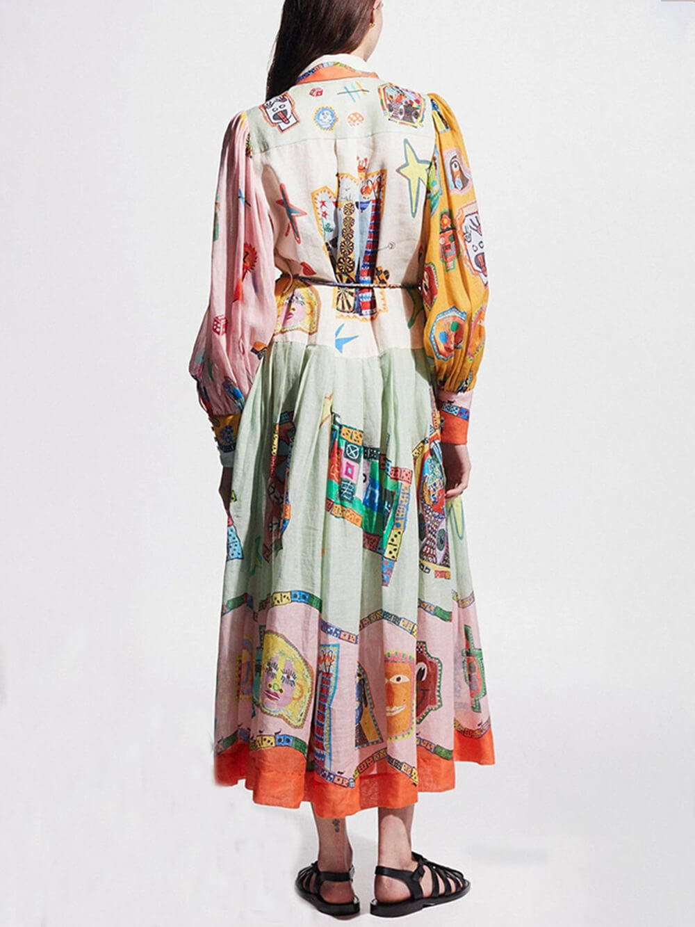 Unique Print Colorblock Balloon Graceful Sleeve Belt Shirt Midi Dress