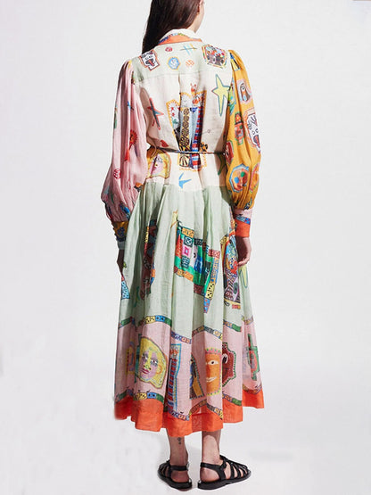 Unique Print Colorblock Balloon Graceful Sleeve Belt Shirt Midi Dress