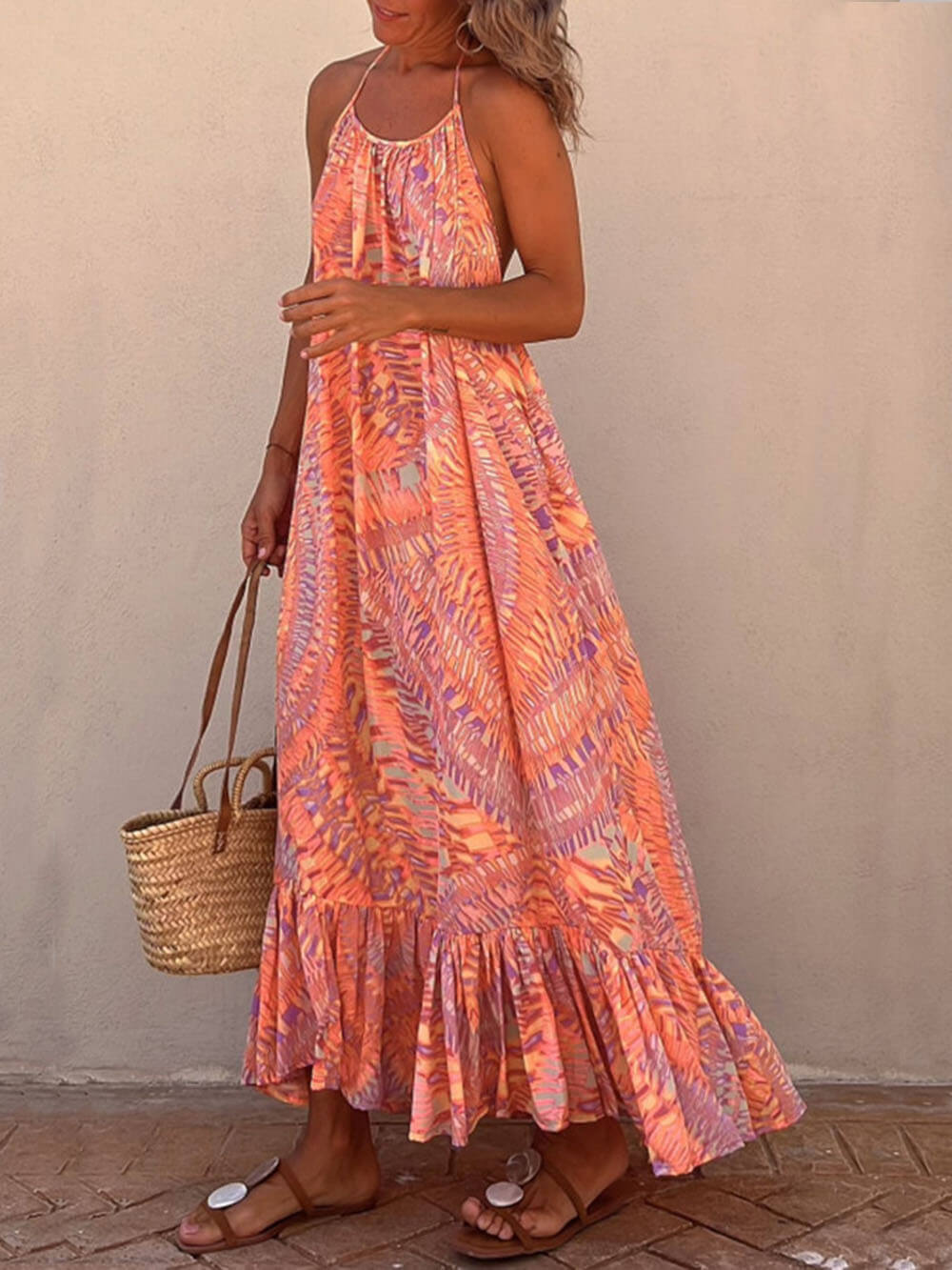 Golden Times Ethnic Print Graceful A-line Vacation Maxi Dress