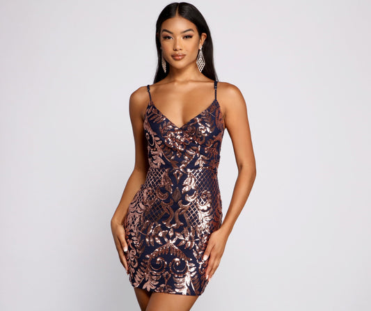 Stella Formal Sequin Scroll Print Mini Dress - Lady Occasions