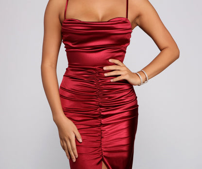 Festive Mood Satin Charming Ruched Midi Dress