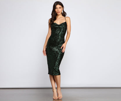 Lillia Formal Cowl Charming Neck Sequin Midi Dress