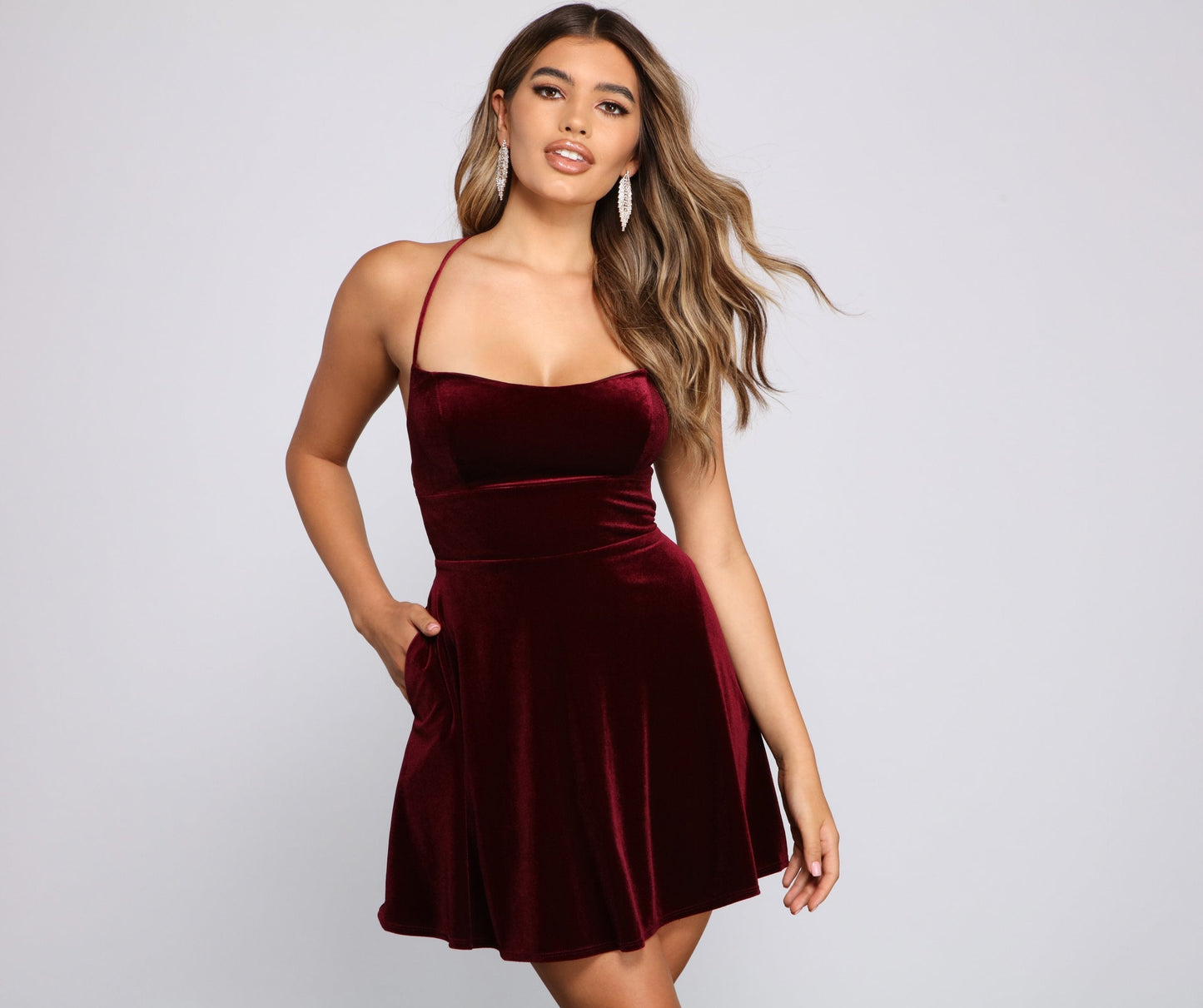 Amelia Lace-Up Back Velvet Skater Dress - Lady Occasions