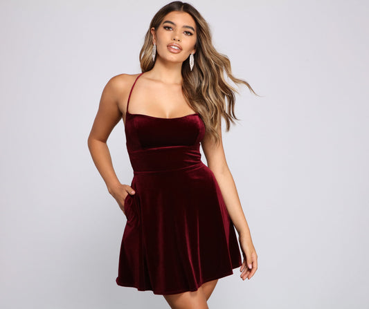 Amelia Lace-Up Back Velvet Skater Dress - Lady Occasions