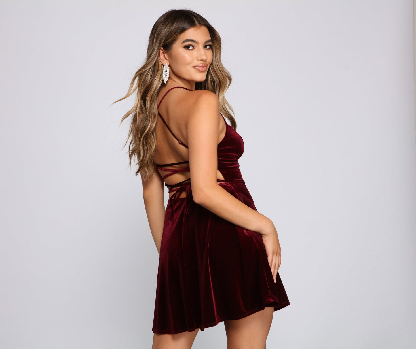 Amelia Lace-Up Back Charming Velvet Skater Dress