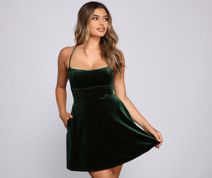 Amelia Lace-Up Back Velvet Skater Dress - Lady Occasions