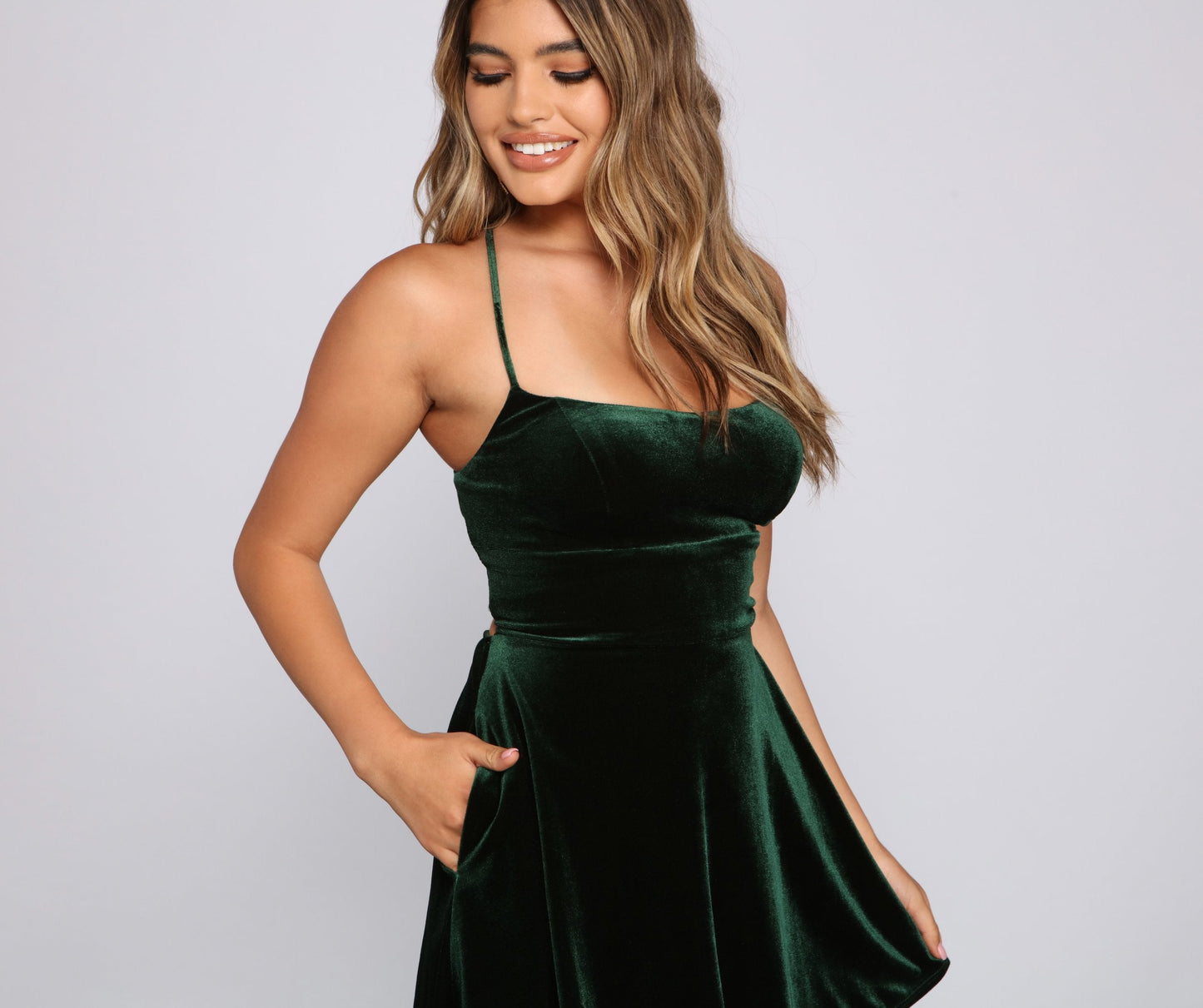 Amelia Lace-Up Back Charming Velvet Skater Dress