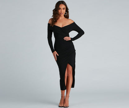 Kristy Off-The-Shoulder Stylish Formal Midi Dress
