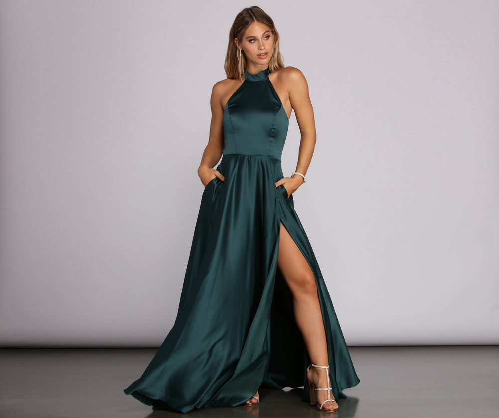 India Satin Tie Neck Gown - Lady Occasions