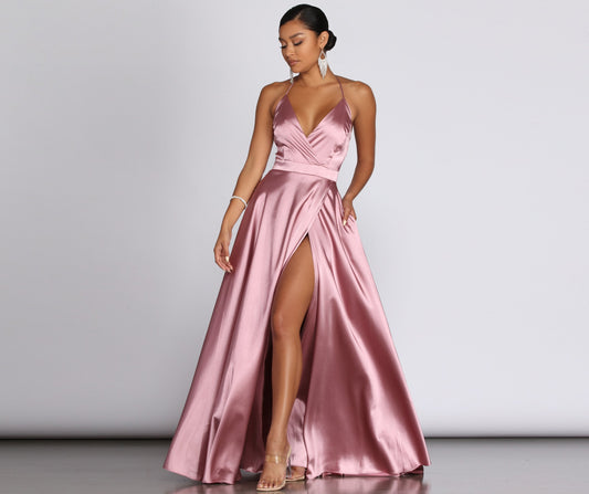 Ellie Formal Satin High Slit Dress - Lady Occasions