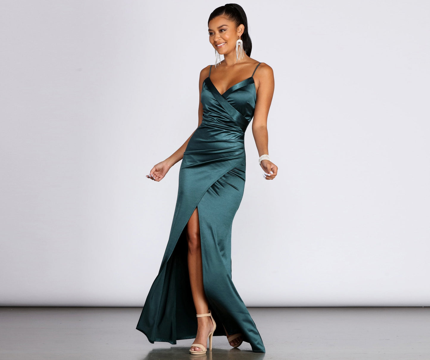 Karen Satin Stylish Wrap Formal Gown