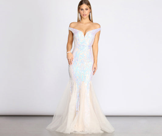 Andrina Iridescent Sequin & Tulle Off Shoulder Mermaid Dress - Lady Occasions