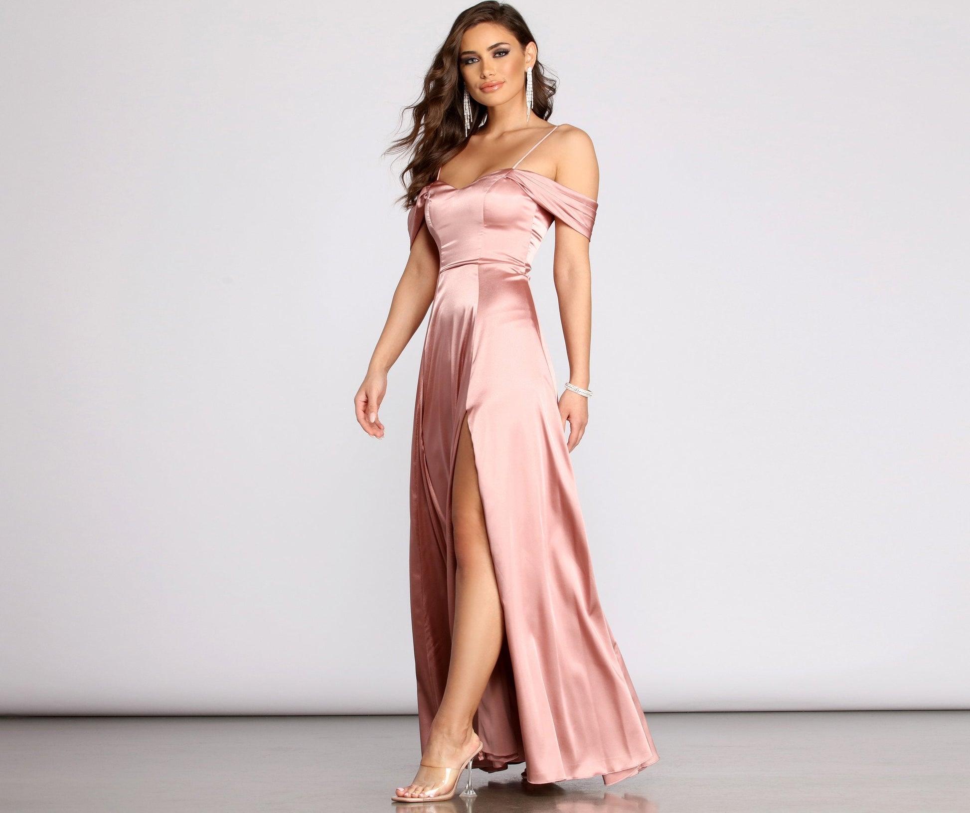 Cassia Lace-Up Back Off Shoulder Satin Dress - Lady Occasions