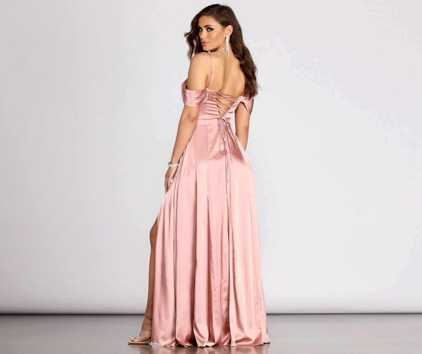 Cassia Lace-Up Back Charming Off Shoulder Satin Dress