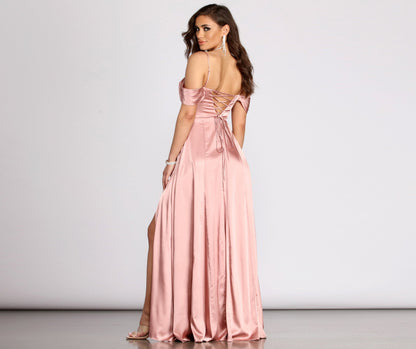 Cassia Lace-Up Back Charming Off Shoulder Satin Dress