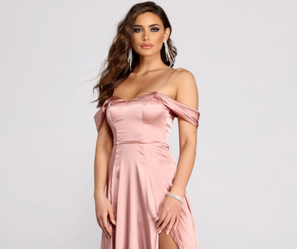 Cassia Lace-Up Back Charming Off Shoulder Satin Dress