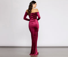 Celeste Off The Shoulder Graceful Wrap Front Velvet Dress